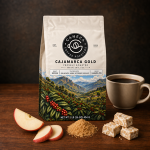 CANECA Cajamarca Gold medium roast marketing image with tasting profile