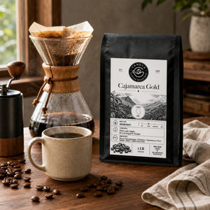 Cajamarca Gold coffee bag with pour-over brewer and freshly brewed coffee