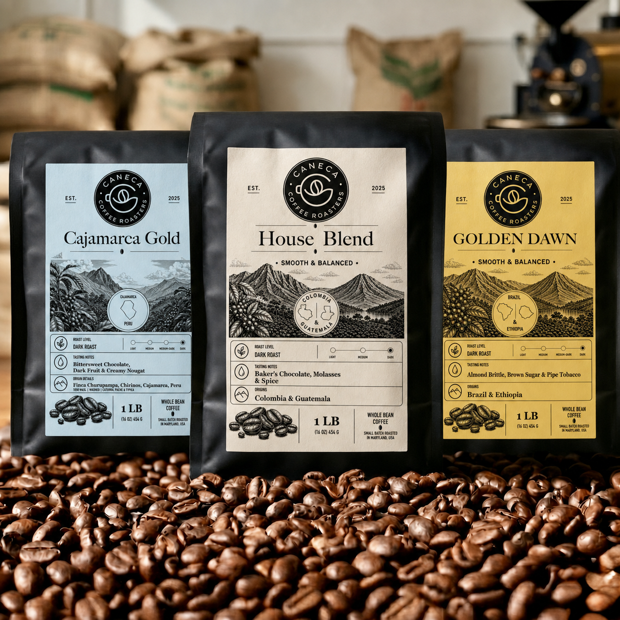 CANECA Coffee Roasters Dark Roast Bundle with Cajamarca Gold, House Blend, and Golden Dawn whole bean coffees