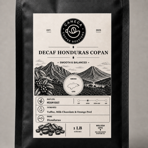 Close-up of the CANECA Decaf Honduras Copan coffee bag label