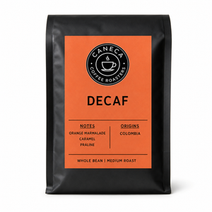 CANECA DECAF whole bean medium roast coffee bag on a white background