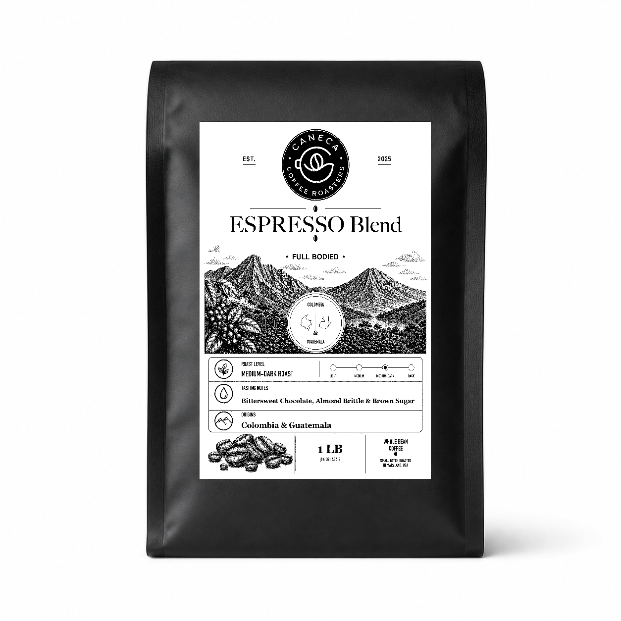CANECA Espresso Blend medium-dark roast whole bean coffee bag on a clean white background