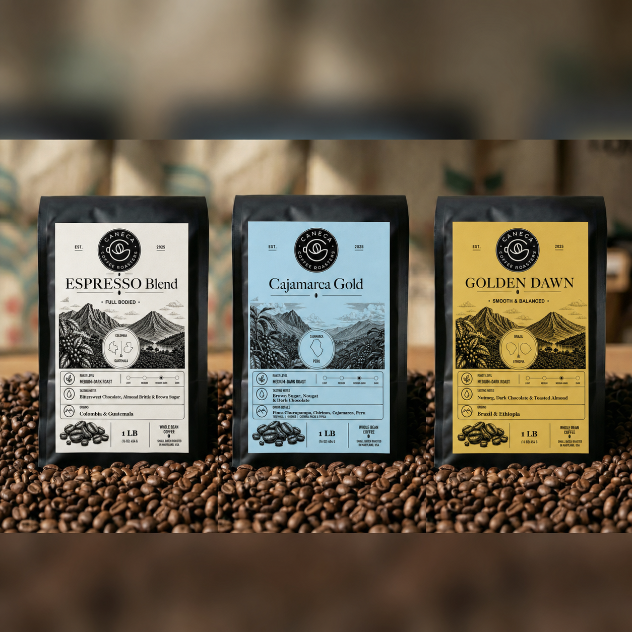CANECA Coffee Roasters Espresso Bundle with Espresso Blend, Cajamarca Gold, and Golden Dawn medium-dark roast coffees
