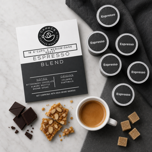 Overhead flat lay of CANECA Espresso K-Cups with chocolate almond brittle and brown sugar
