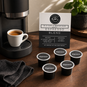 CANECA Espresso Blend K-Cups with single-serve brewer and espresso