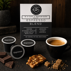 CANECA Espresso K-Cups with bittersweet chocolate almond brittle and brown sugar cues