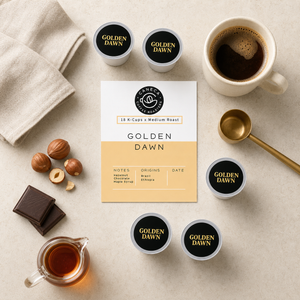 Overhead flat lay of CANECA Golden Dawn K-Cups with hazelnut chocolate and maple syrup