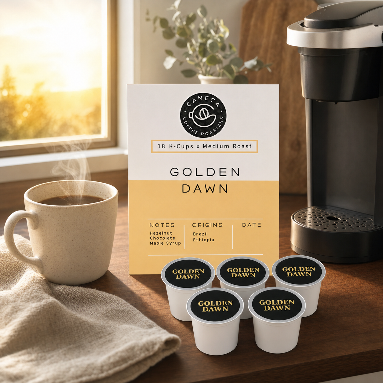 CANECA Golden Dawn medium roast K-Cups with single-serve brewer and coffee