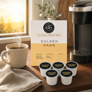 CANECA Golden Dawn medium roast K-Cups with single-serve brewer and coffee