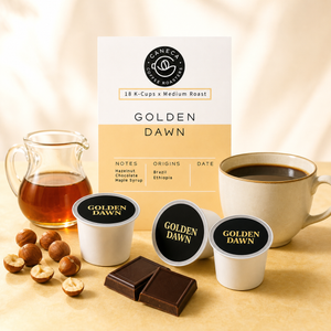 CANECA Golden Dawn K-Cups with hazelnut chocolate and maple syrup tasting-note cues