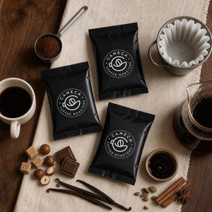 Overhead hospitality flat lay of CANECA House Blend fractional packs and tasting notes