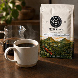 CANECA House Blend medium roast beside freshly brewed coffee