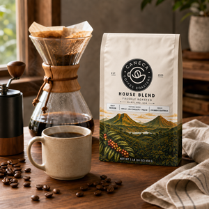 CANECA House Blend medium roast coffee with pour-over brewer, grinder and cup