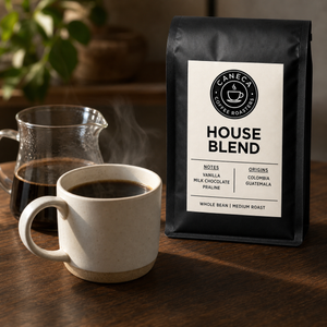 CANECA House Blend medium roast coffee beside freshly brewed pour-over coffee
