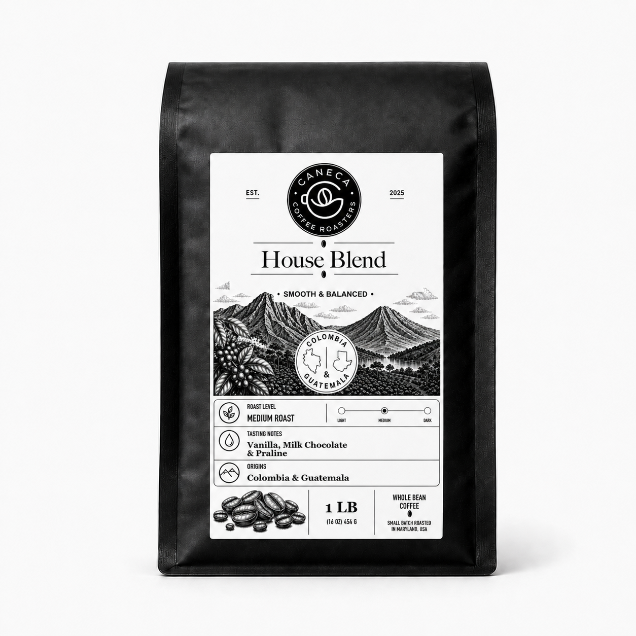CANECA House Blend medium roast whole bean coffee bag with updated Colombia and Guatemala label on a white background