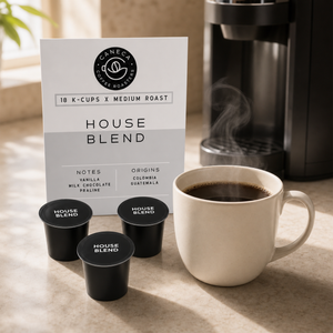CANECA House Blend medium roast K-Cups beside a freshly brewed cup