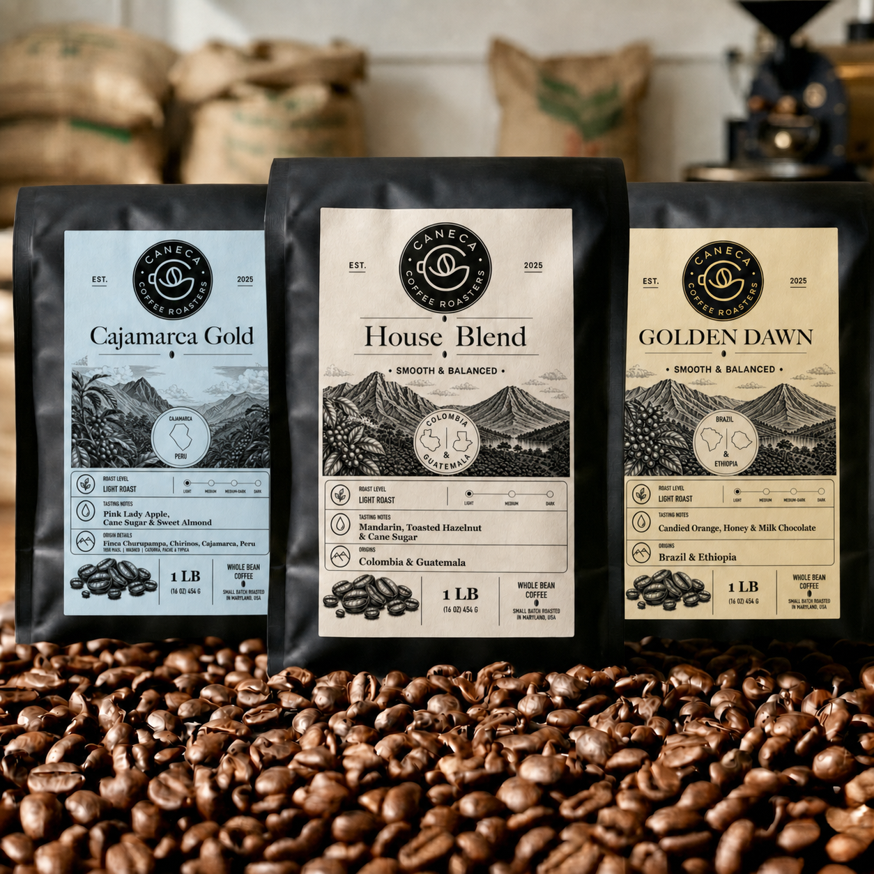 CANECA Coffee Roasters Light Roast Bundle with Cajamarca Gold, House Blend, and Golden Dawn