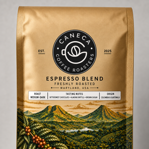 Close-up of CANECA Espresso Blend new packaging with medium-dark roast, tasting notes, and Colombia and Guatemala origin