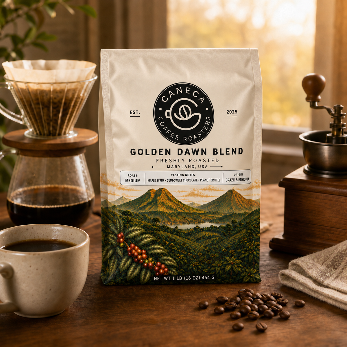 CANECA Golden Dawn Blend medium roast new packaging in a warm pour-over lifestyle scene
