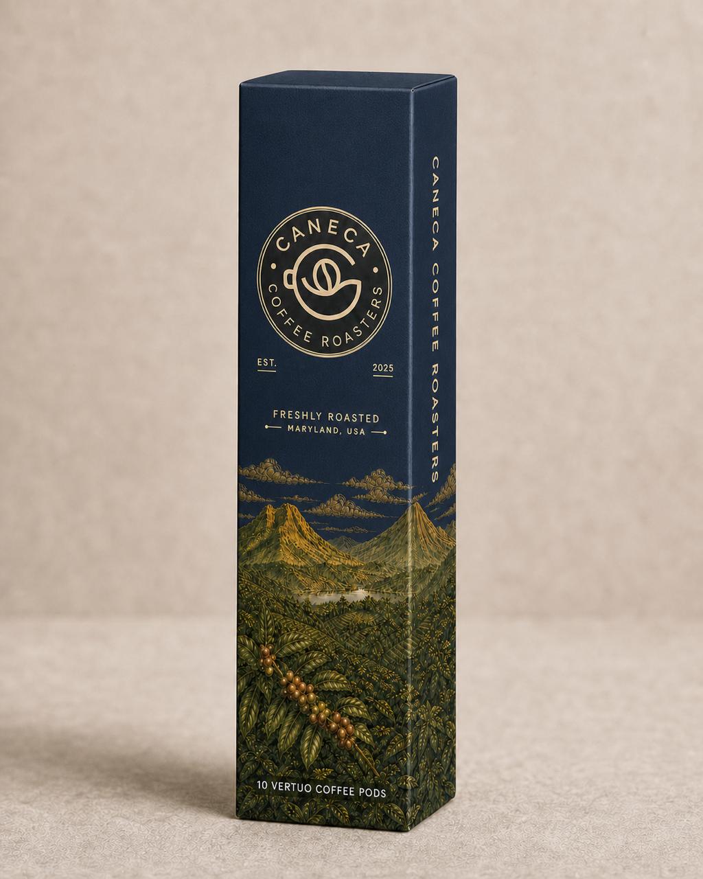 CANECA Coffee Roasters 10-count Vertuo-compatible coffee pod packaging