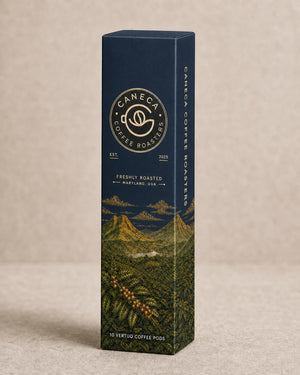 CANECA Coffee Roasters 10-count Vertuo-compatible coffee pod packaging