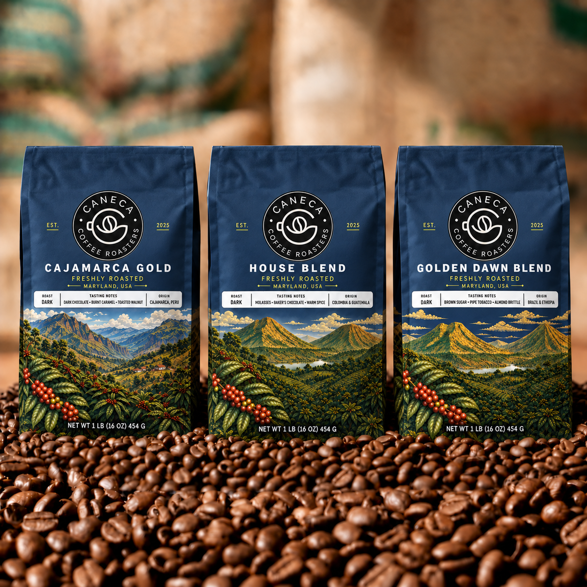 CANECA Coffee Roasters Dark Roast Bundle with Cajamarca Gold, House Blend, and Golden Dawn Blend in new deep-navy illustrated packaging