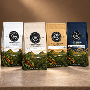 CANECA Decaf Colombia coffee bags in Light, Medium, Medium-Dark and Dark roast packaging