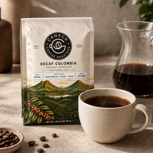 CANECA Decaf Colombia medium roast bag beside freshly brewed coffee