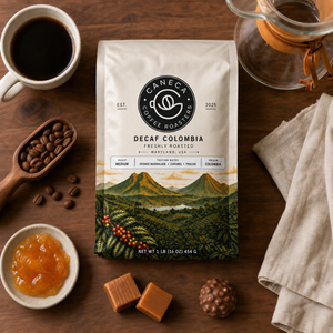Overhead flat lay of CANECA Decaf Colombia coffee with brewing tools and tasting notes