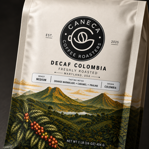 Close-up of the CANECA Decaf Colombia medium roast illustrated coffee bag and product information strip