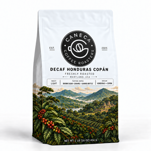 CANECA Decaf Honduras Copan light roast coffee in corrected white packaging