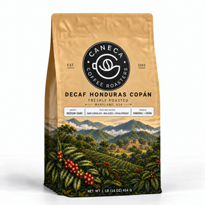 CANECA Decaf Honduras Copan medium-dark roast coffee in corrected champagne-gold packaging