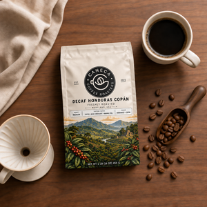 Overhead flat lay of CANECA Decaf Honduras Copan medium roast and brewing tools