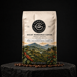 CANECA Decaf Honduras Copan medium roast coffee in a premium dark advertising scene