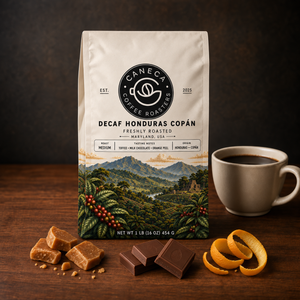 CANECA Decaf Honduras Copan medium roast marketing image with tasting profile