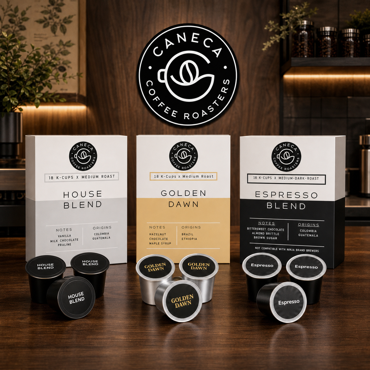 CANECA K-Cups collection featuring House Blend, Golden Dawn, and Espresso pods
