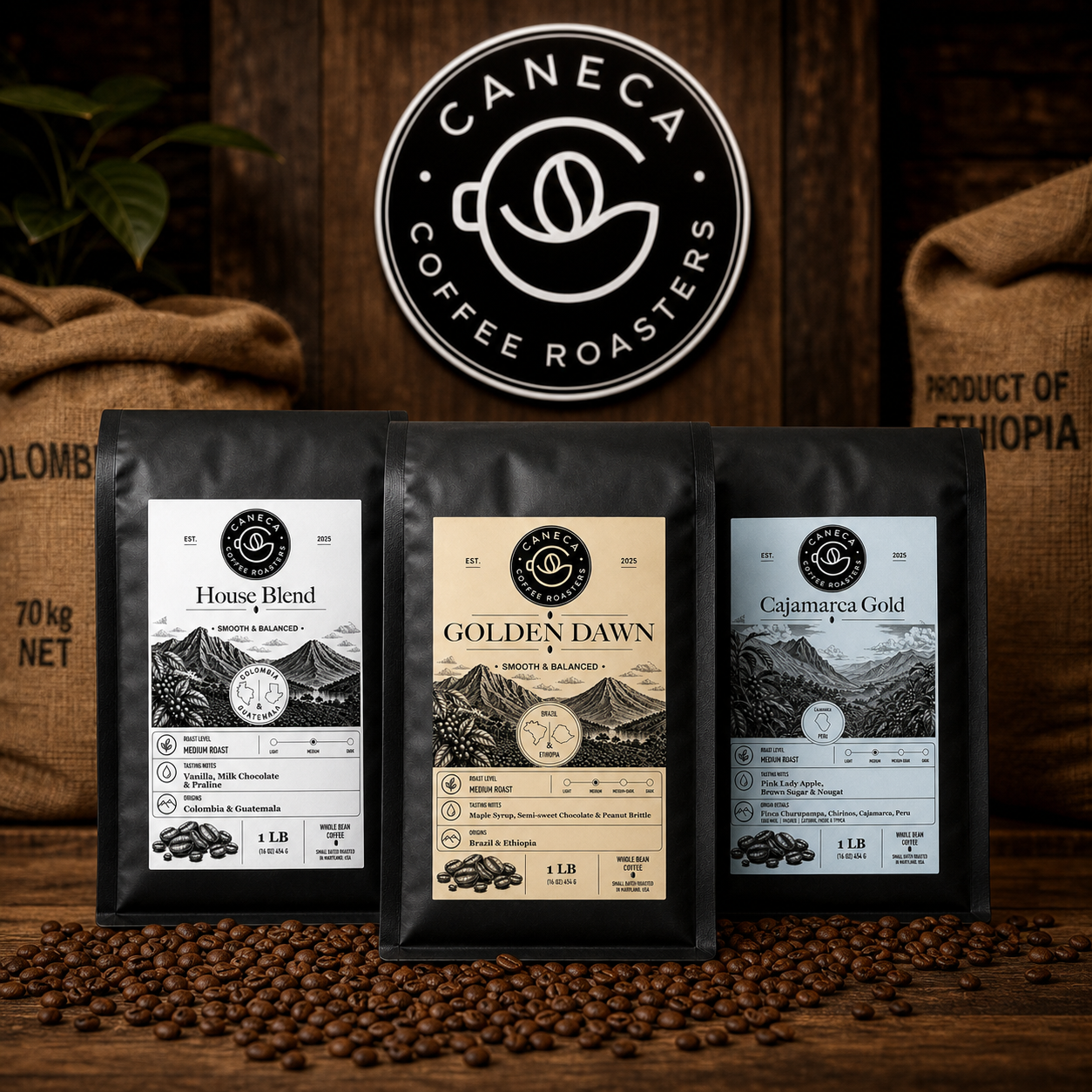 CANECA Coffee collection featuring House Blend, Golden Dawn, and Cajamarca Gold