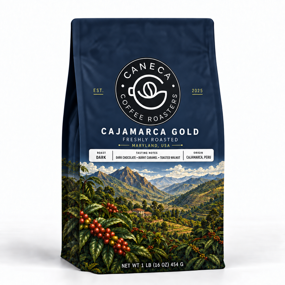 CANECA Cajamarca Gold dark roast coffee in corrected deep-navy packaging