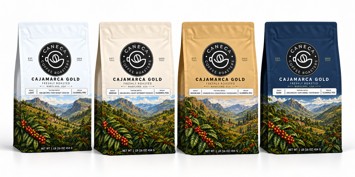 CANECA Cajamarca Gold four-roast lineup in white, ivory, champagne gold and navy packaging