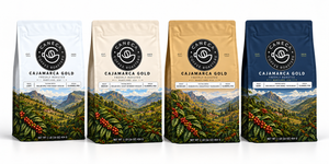CANECA Cajamarca Gold four-roast lineup in white, ivory, champagne gold and navy packaging