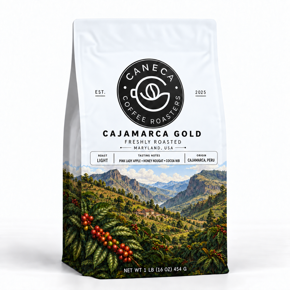 CANECA Cajamarca Gold light roast coffee in corrected white packaging