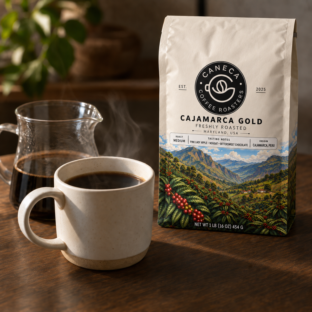 CANECA Cajamarca Gold medium roast beside freshly brewed coffee