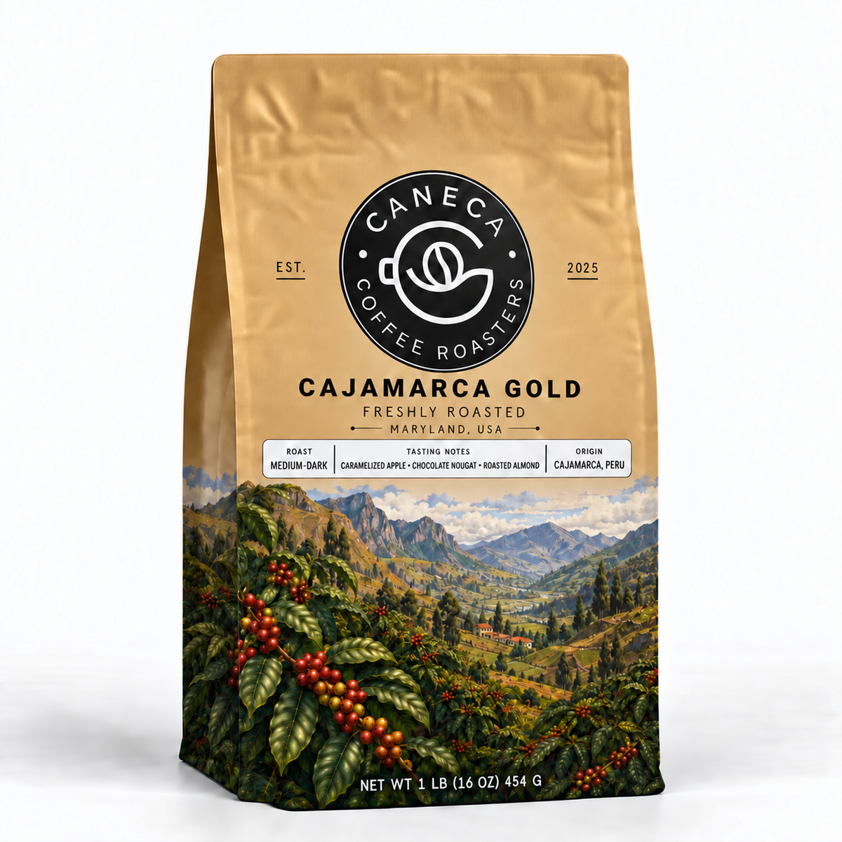 CANECA Cajamarca Gold medium-dark roast coffee in corrected champagne-gold packaging