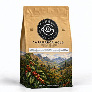 CANECA Cajamarca Gold medium-dark roast coffee in corrected champagne-gold packaging