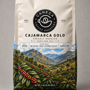 Close-up of CANECA Cajamarca Gold medium roast packaging and origin details