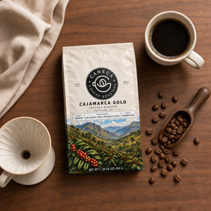 Overhead flat lay of CANECA Cajamarca Gold medium roast and brewing tools