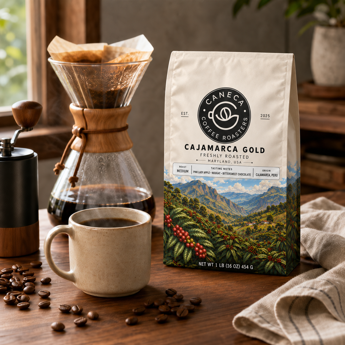 CANECA Cajamarca Gold medium roast coffee in a warm pour-over lifestyle scene