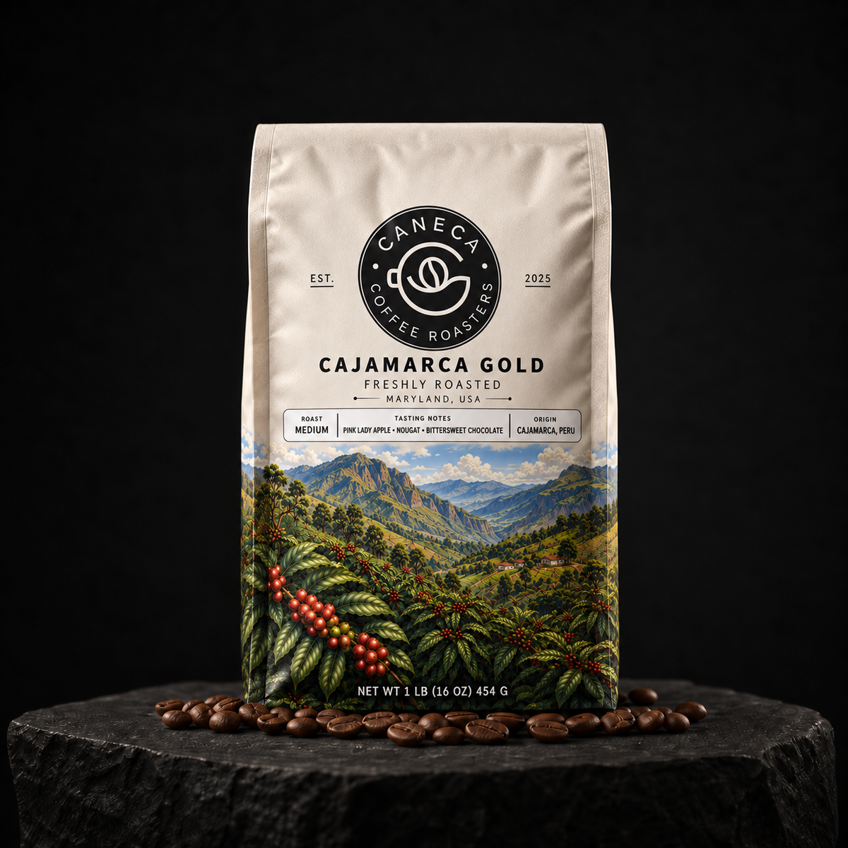 CANECA Cajamarca Gold medium roast coffee in a premium dark advertising scene