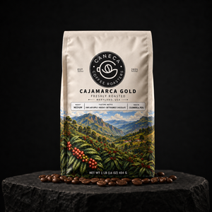 CANECA Cajamarca Gold medium roast coffee in a premium dark advertising scene