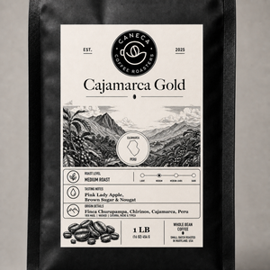 Close-up of the CANECA Cajamarca Gold coffee bag label